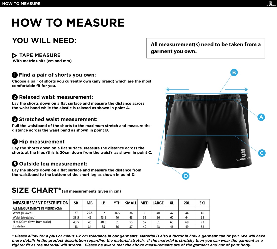 Lancashire Fire & Rescue - Performance Gym Short - Unisex Fit - Size Guide