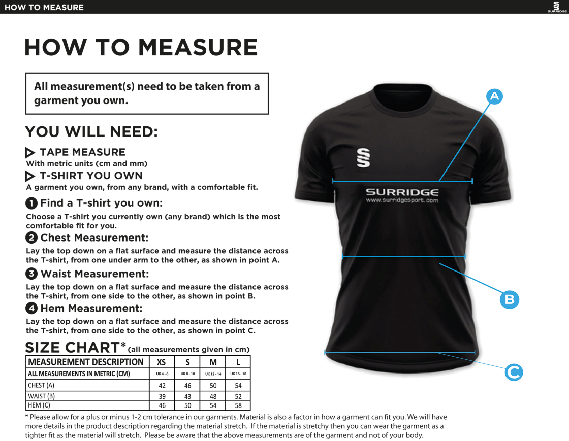 Lancashire Fire & Rescue - Impact T-Shirt - Women's Fit - Size Guide