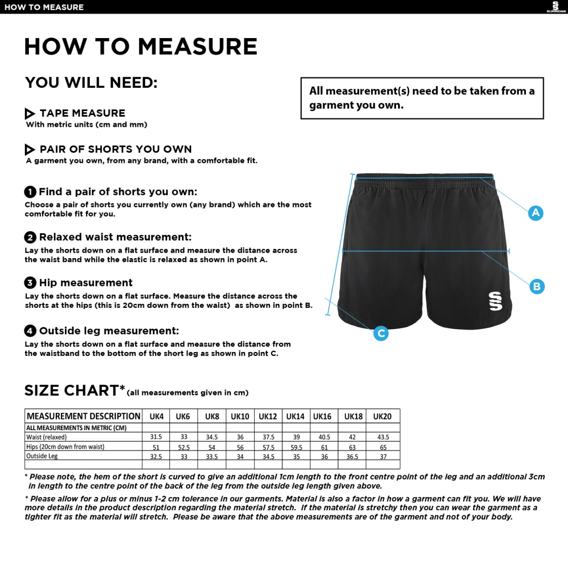 Lancashire Fire & Rescue - Performance Gym Short - Womens Fit - Size Guide