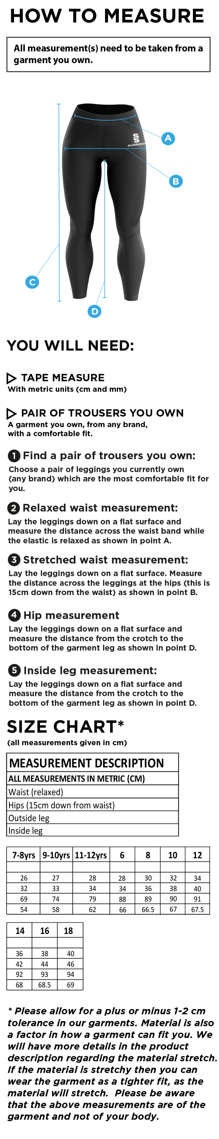 Lancashire Fire & Rescue - Performance Full Length Leggings - Women's Fit - Size Guide