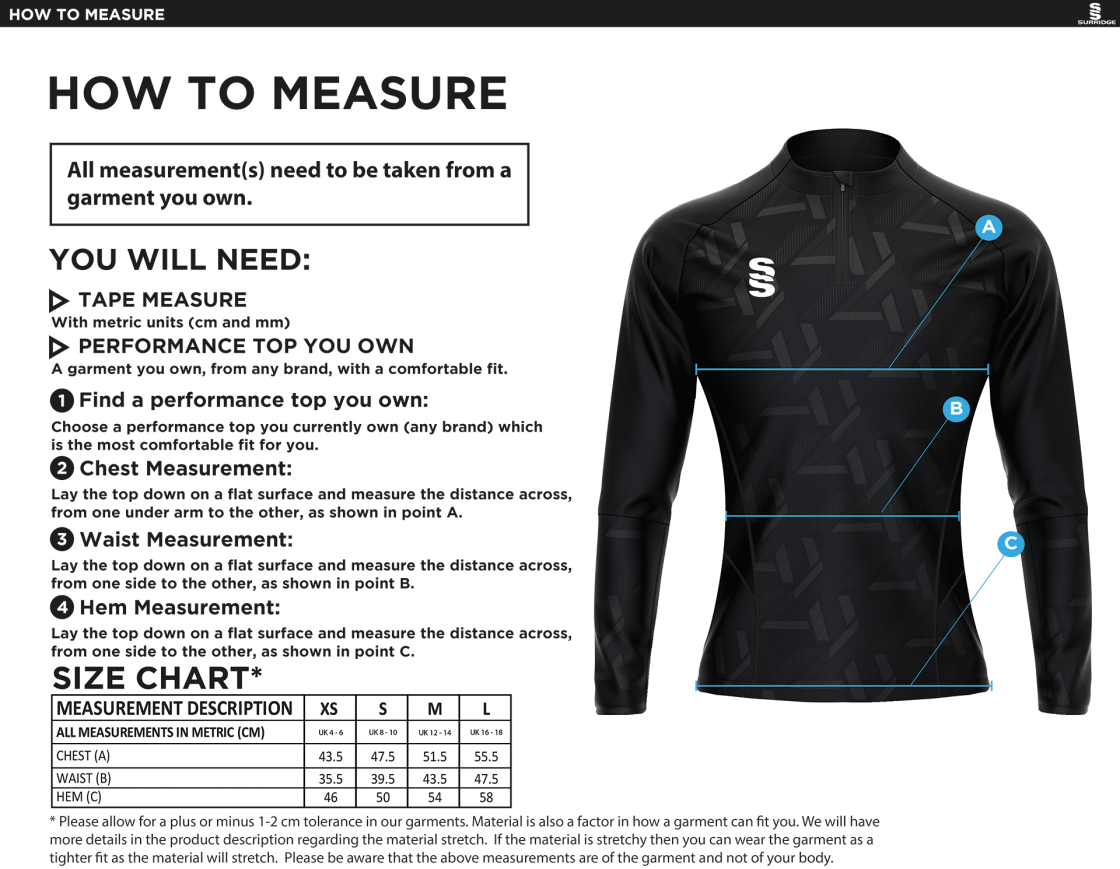 Lancashire Fire & Rescue - Impact 1/4 Zip Performance Top - Women's Fit - Size Guide