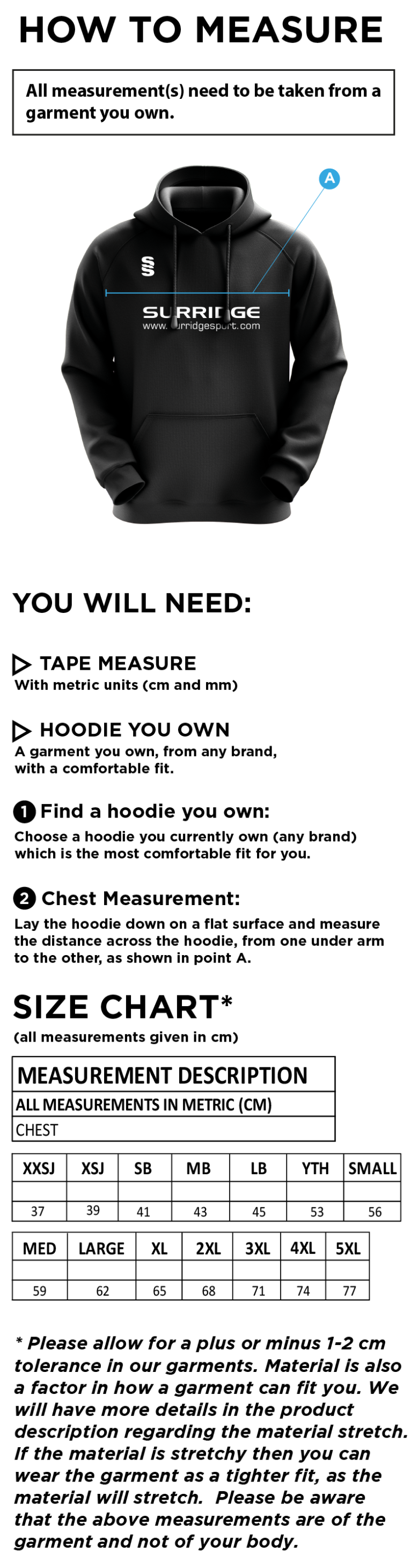 Lancashire Fire & Rescue - Fuse Hoody - Unisex Fit - Size Guide