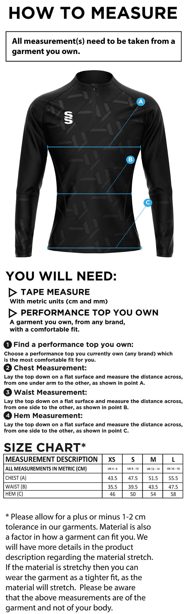 Lancashire Fire & Rescue - Impact 1/4 Zip Performance Top - Women's Fit - Size Guide
