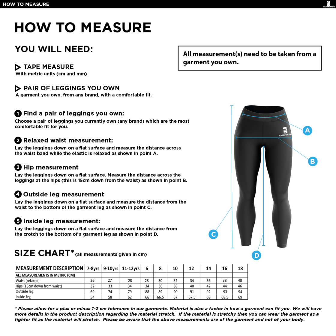 Lancashire Fire & Rescue - Performance Full Length Leggings - Women's Fit - Size Guide