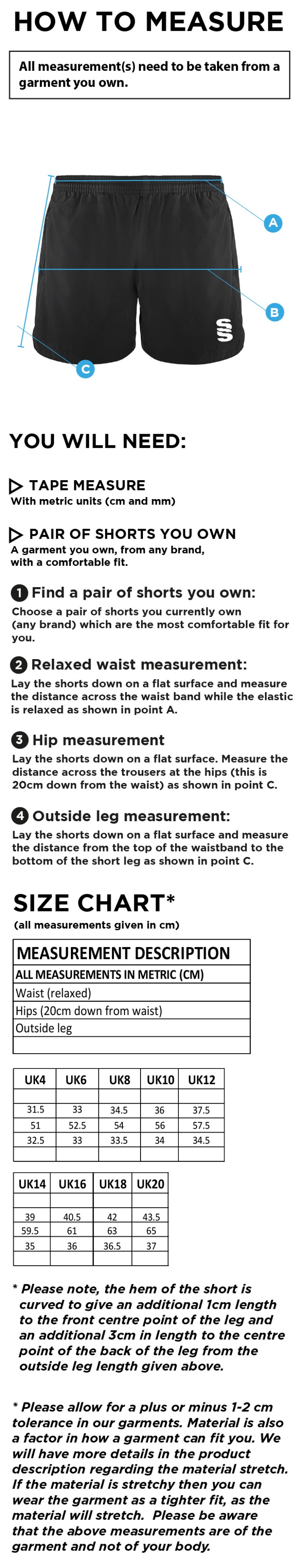 Lancashire Fire & Rescue - Performance Gym Short - Womens Fit - Size Guide