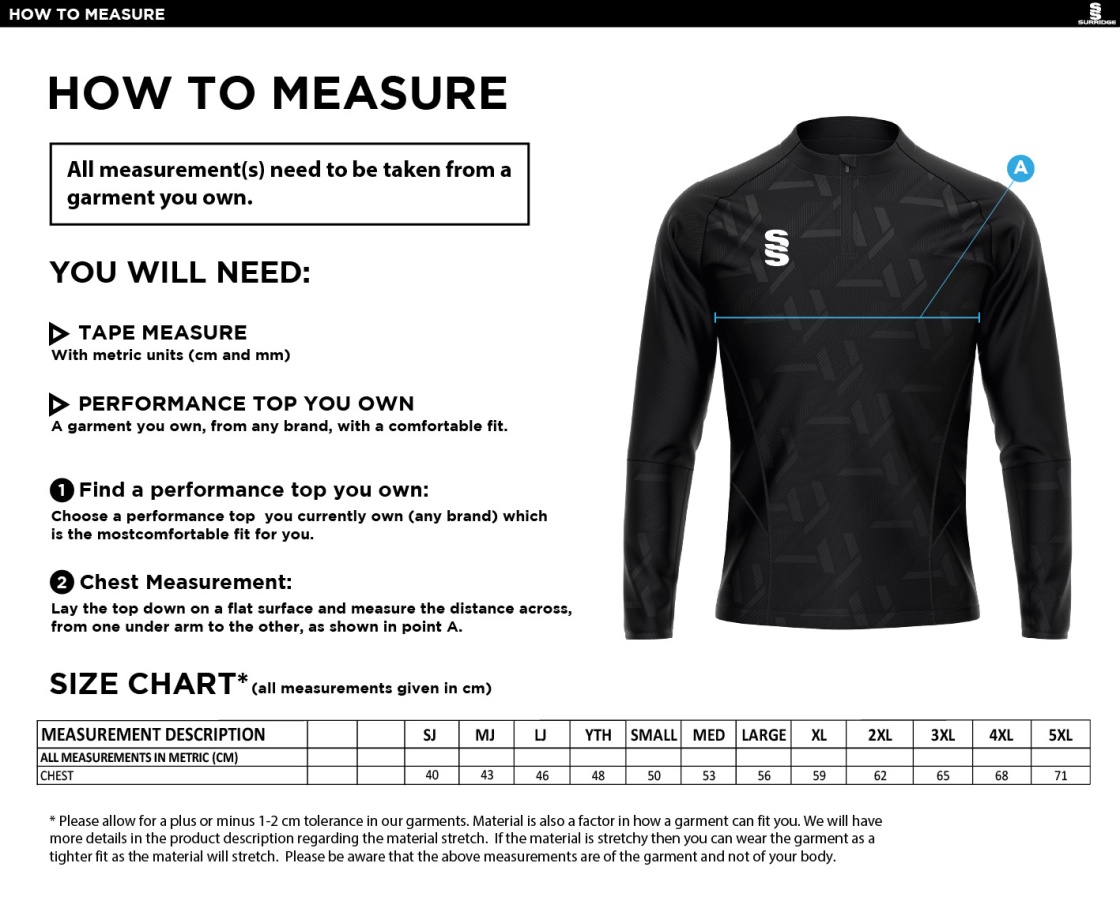 Lancashire Fire & Rescue - Impact 1/4 Zip Performance Top - Unisex Fit - Size Guide